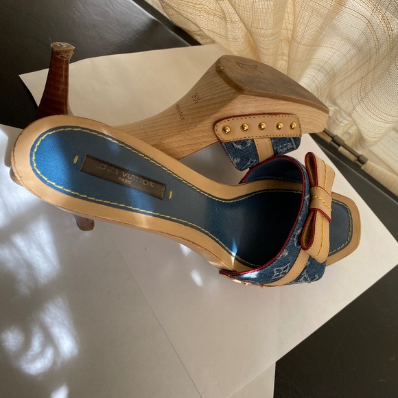 Louis Vuitton denim monogram heels mules tan leather slip on sandals slides blue - Picture 7 of 9